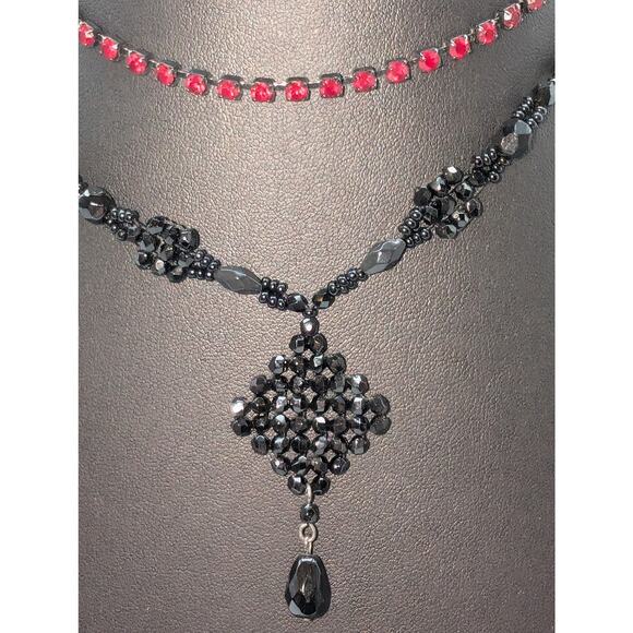 Vintage Lot of Two Black Crystal & Red Rhinestone Necklaces - Picture 2 of 6